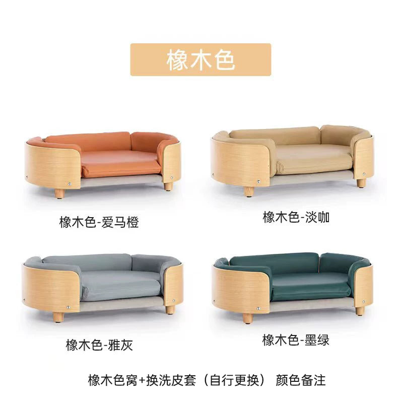 Curved Wooden Elevated Dog Sofa Bed, Removable Washable Cushion Pet Couch for Small Medium Large Dogs