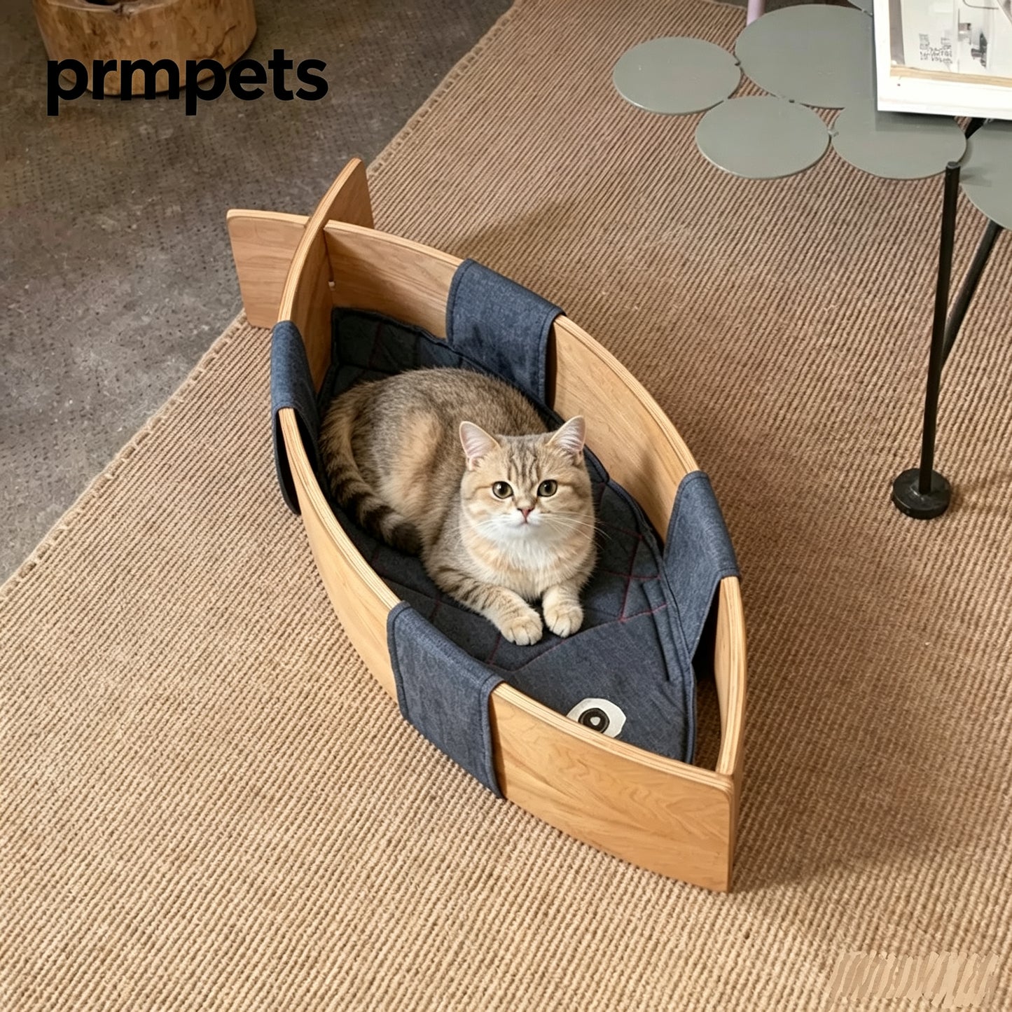 Minimalist Solid Wood Cat Bed with Soft Linen Cushions, Curved Open Indoor Cat Lounge Furniture for Large & Small Cats
