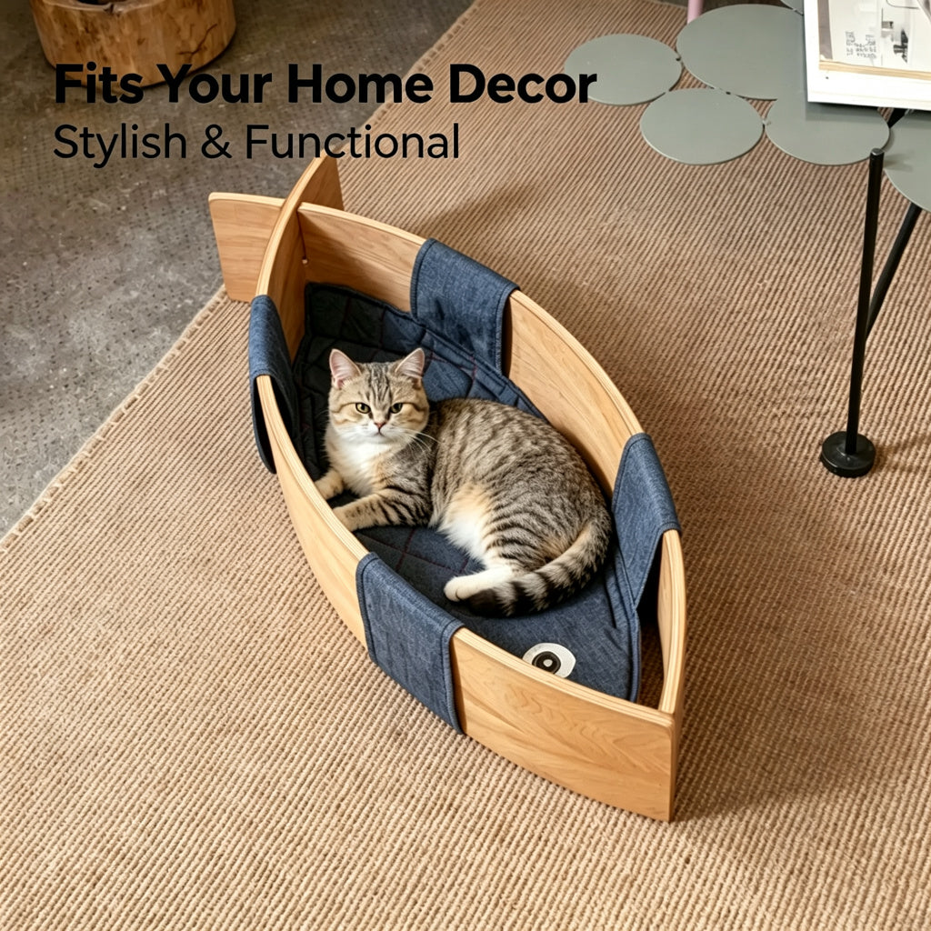 Minimalist Solid Wood Cat Bed with Soft Linen Cushions, Curved Open Indoor Cat Lounge Furniture for Large & Small Cats