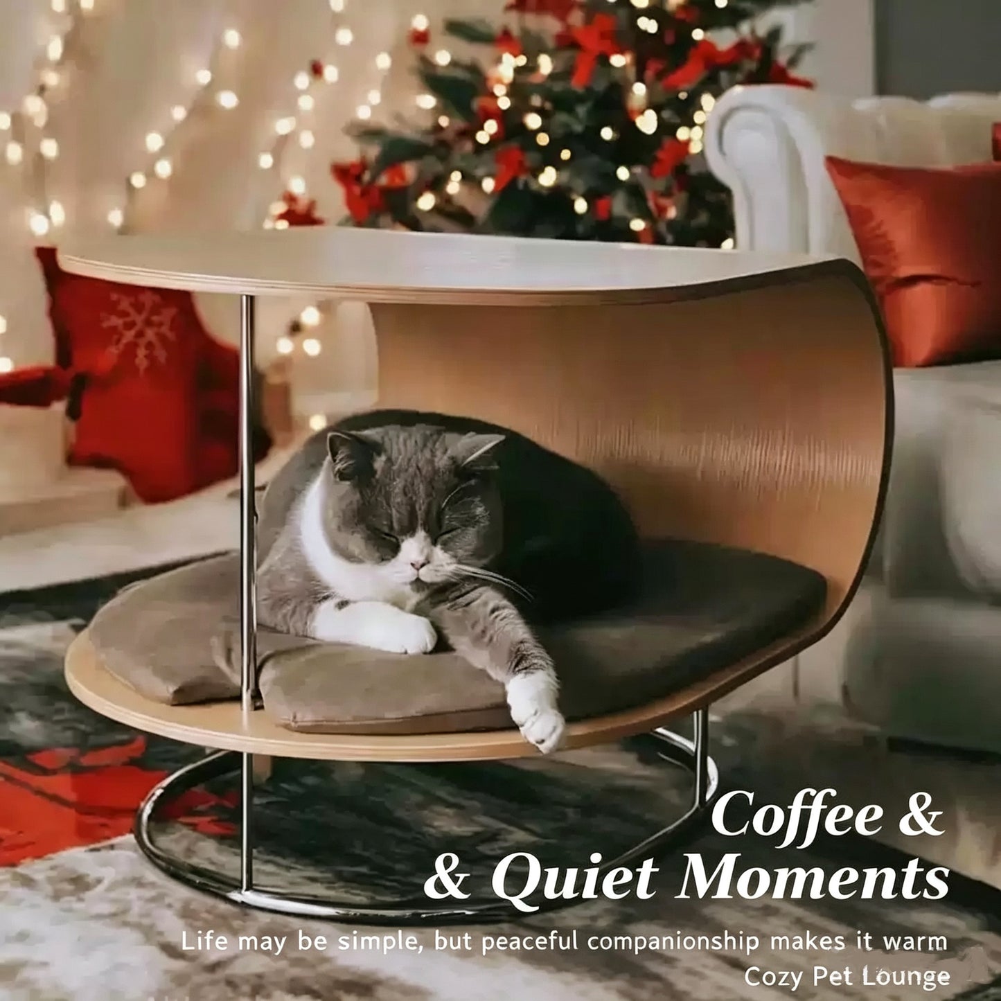 Multi-Functional U-Shaped Bent Wood Cat Bed Side Table with Rolling Casters, Shared Human & Pet Accent End Table, Removable Anti-Scratch Cat Cushion for Small Cats & Dogs