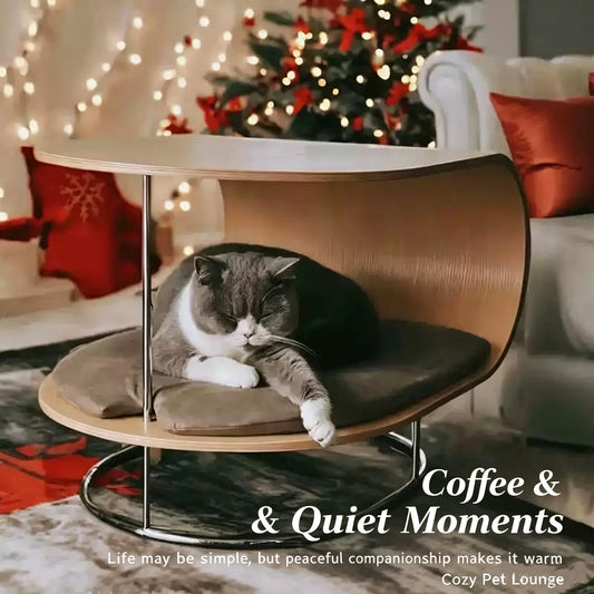 Multi-Functional U-Shaped Bent Wood Cat Bed Side Table with Rolling Casters, Shared Human & Pet Accent End Table, Removable Anti-Scratch Cat Cushion for Small Cats & Dogs