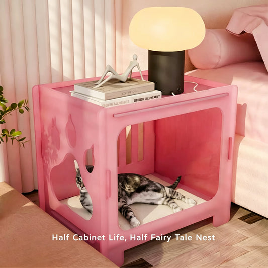 Acrylic Pet Bed Nightstand 2 in 1, 8mm Thick Transparent Cat House Side Table, Safe Stress-Relief Pet Crate Furniture for Small Dogs & Cats