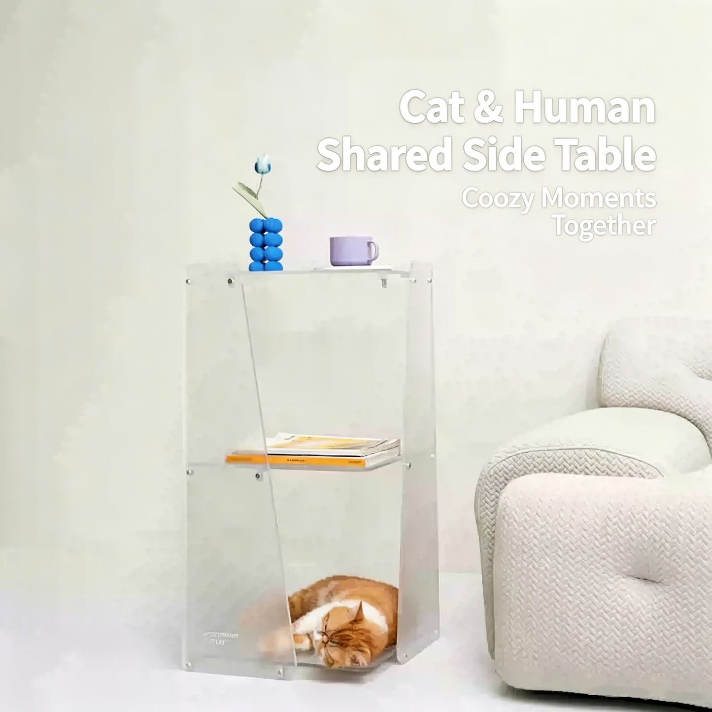 2-in-1 Frosted Acrylic Cat Bed Side Table, Modern Multi-Layer Cat Cave End Table, Human & Pet Shared Minimalist Pet Furniture for Living Room Bedroom
