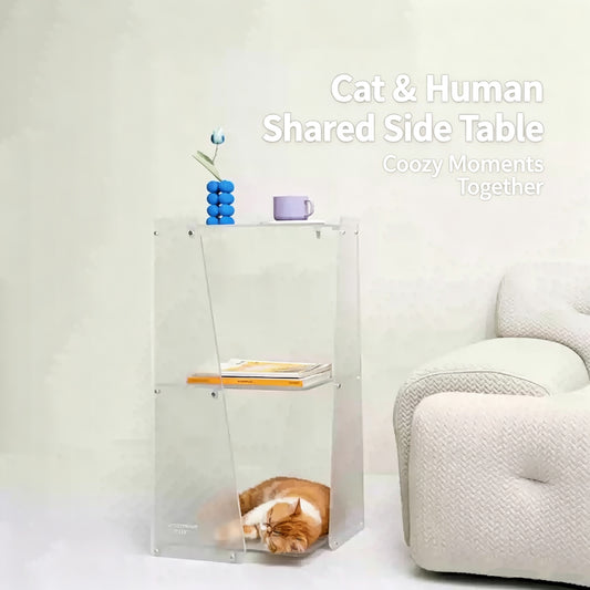 2-in-1 Frosted Acrylic Cat Bed Side Table, Modern Multi-Layer Cat Cave End Table, Human & Pet Shared Minimalist Pet Furniture for Living Room Bedroom