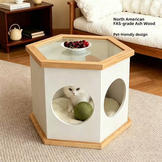 Hexagon Pet House Side Table, Multi-Functional Wooden Accent Table Stool for Small Cats & Dogs