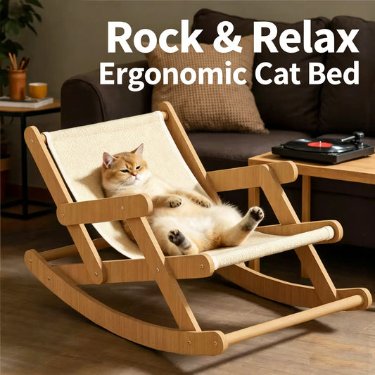 PrmPets 3-in-1 Cat Rocking Chair Elevated Cat Bed, Ergonomic Rocker Lounge with Thick Sisal Mat, Scratching Pad Sleeping Play Rest Station for Large Fat Cats All Season Use