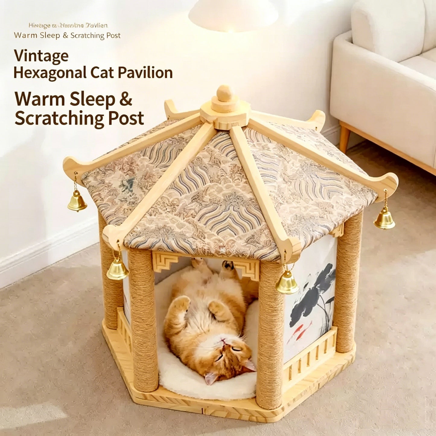 Chinese Style Hexagonal Pavilion Cat House, Solid Wood Cat Scratching Post Tower with Private Cave & Plush Cushion, Decorative Oriental Cat Furniture for Indoor Cats