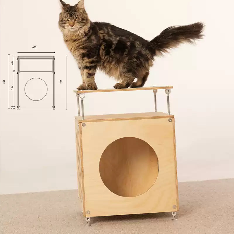 Modular DIY Birch Plywood Cat Cave Side Table, Adjustable Height Pet Hideaway End Table, Multi-Detachable Cat House Furniture for Cats & Small Dogs