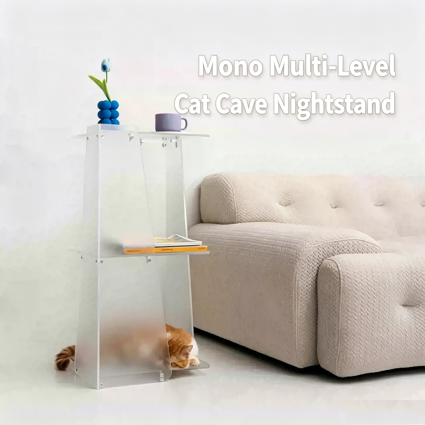 2-in-1 Frosted Acrylic Cat Bed Side Table, Modern Multi-Layer Cat Cave End Table, Human & Pet Shared Minimalist Pet Furniture for Living Room Bedroom