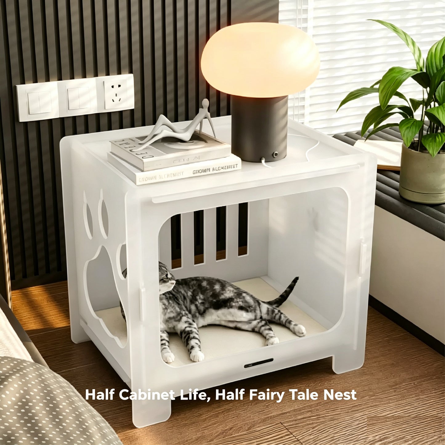 Acrylic Pet Bed Nightstand 2 in 1, 8mm Thick Transparent Cat House Side Table, Safe Stress-Relief Pet Crate Furniture for Small Dogs & Cats