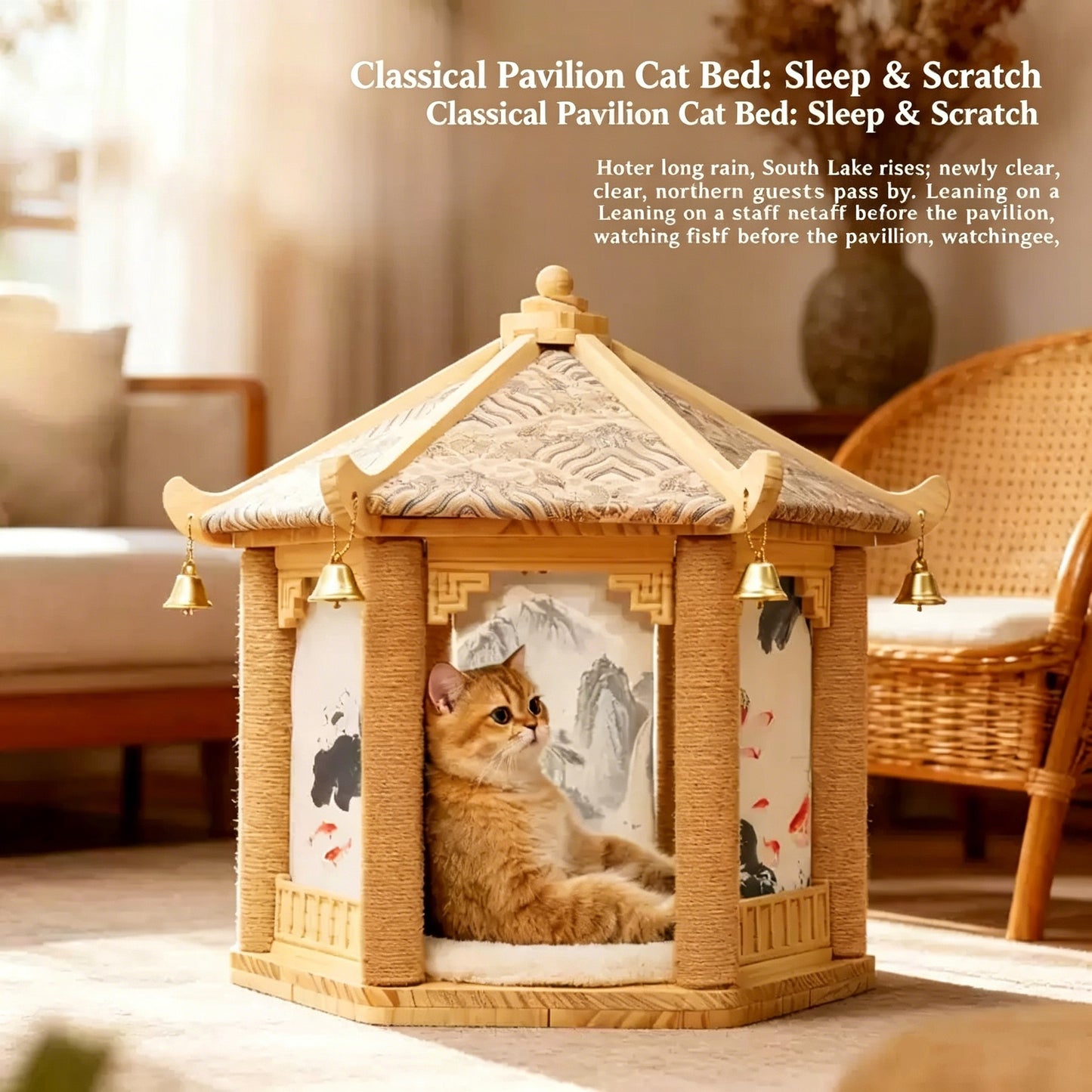 Chinese Style Hexagonal Pavilion Cat House, Solid Wood Cat Scratching Post Tower with Private Cave & Plush Cushion, Decorative Oriental Cat Furniture for Indoor Cats