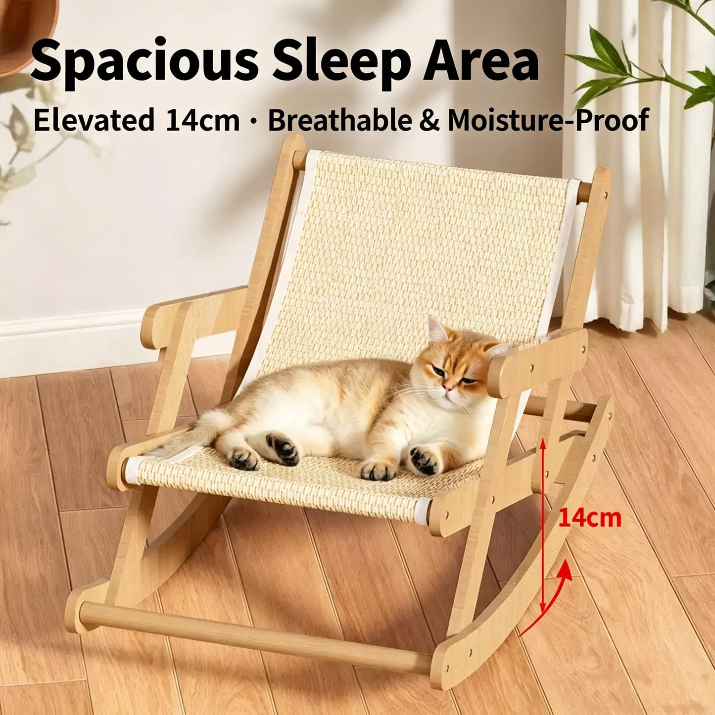 PrmPets 3-in-1 Cat Rocking Chair Elevated Cat Bed, Ergonomic Rocker Lounge with Thick Sisal Mat, Scratching Pad Sleeping Play Rest Station for Large Fat Cats All Season Use