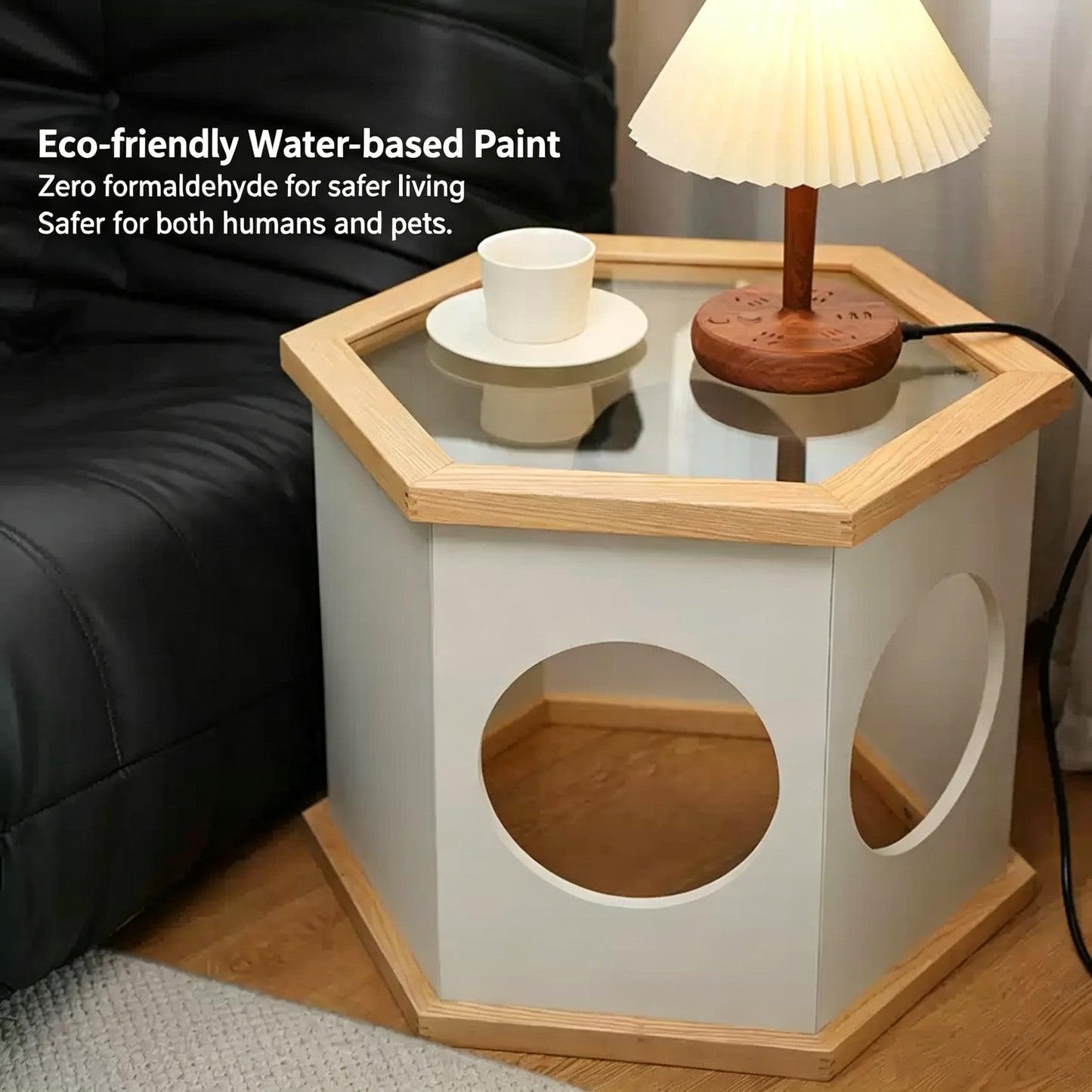 Hexagon Pet House Side Table, Multi-Functional Wooden Accent Table Stool for Small Cats & Dogs
