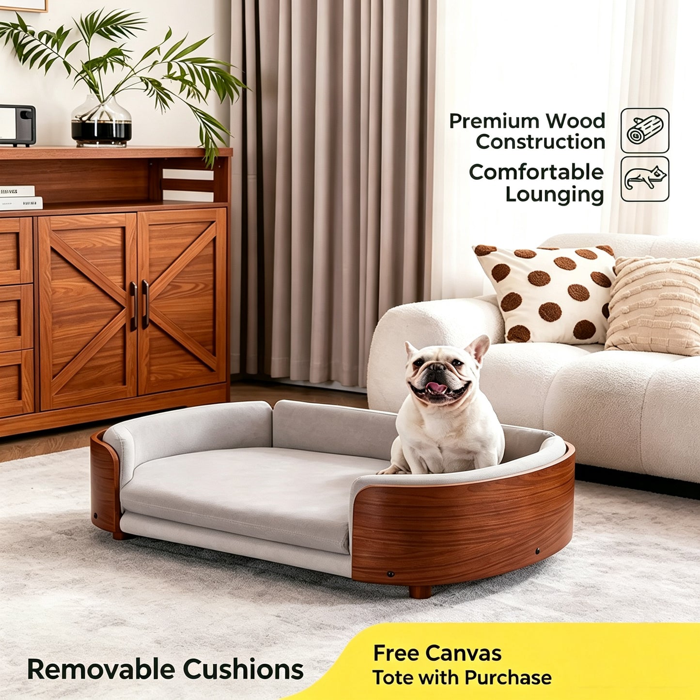 Curved Wooden Elevated Dog Sofa Bed, Removable Washable Cushion Pet Couch for Small Medium Large Dogs