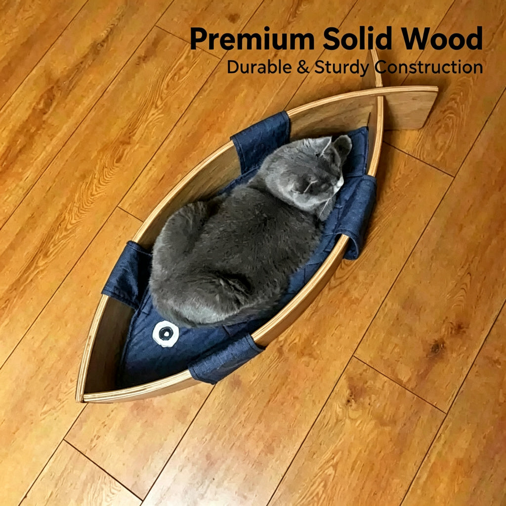Minimalist Solid Wood Cat Bed with Soft Linen Cushions, Curved Open Indoor Cat Lounge Furniture for Large & Small Cats