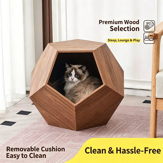 Geometric Wooden Cat Cave Side Table – 2-in-1 Modern Pet House & Minimalist End Table