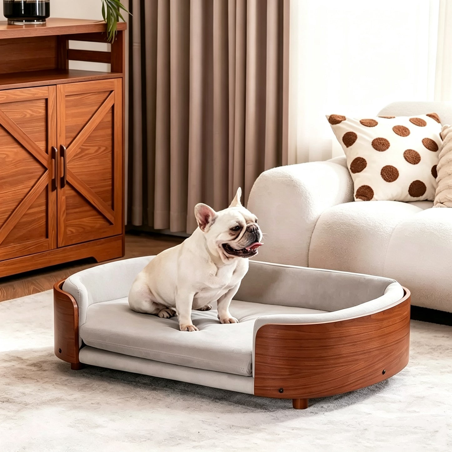 Curved Wooden Elevated Dog Sofa Bed, Removable Washable Cushion Pet Couch for Small Medium Large Dogs