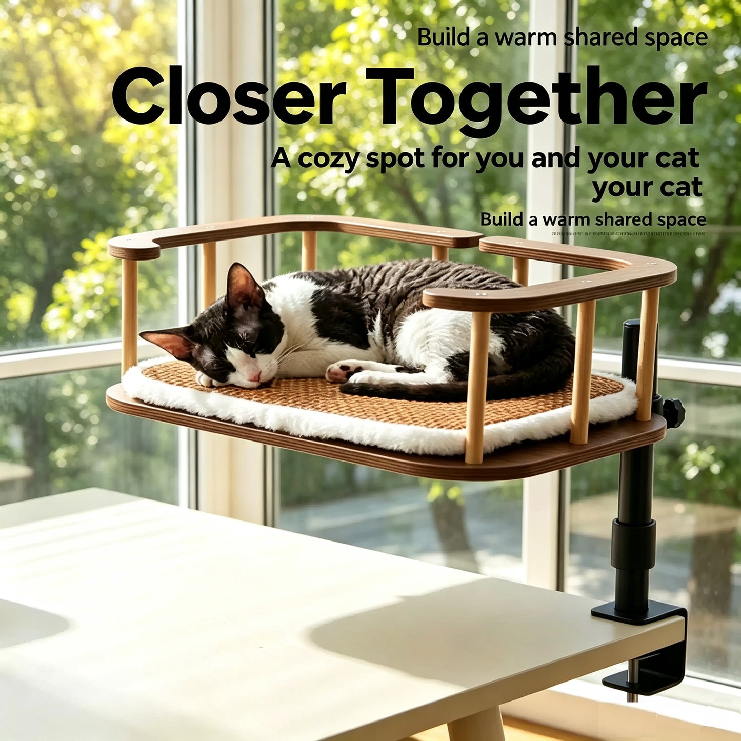 Clamp-On Elevated Oak Cat Perch, 2-Tier Table Side Cat Bed with Adjustable Metal Frame, No Drill Window Cat Platform for Indoor Cats