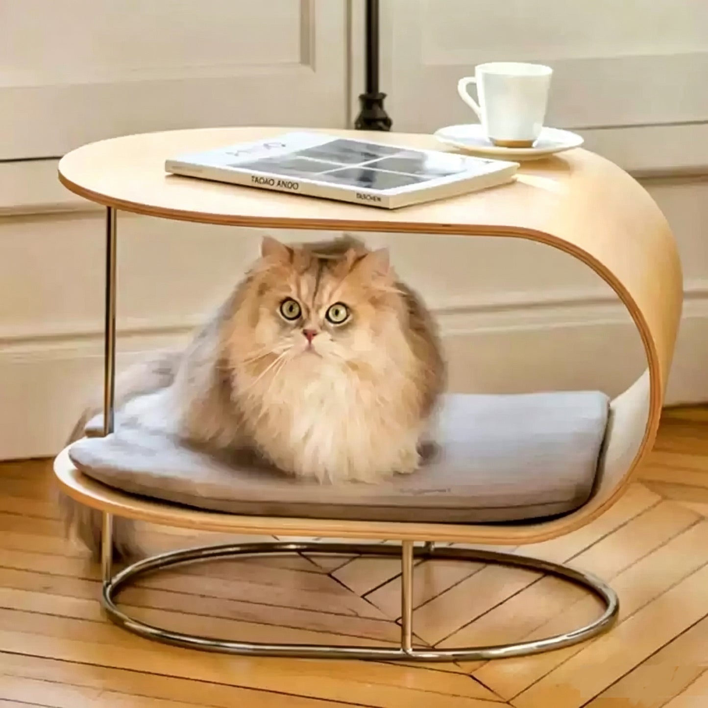 Multi-Functional U-Shaped Bent Wood Cat Bed Side Table with Rolling Casters, Shared Human & Pet Accent End Table, Removable Anti-Scratch Cat Cushion for Small Cats & Dogs