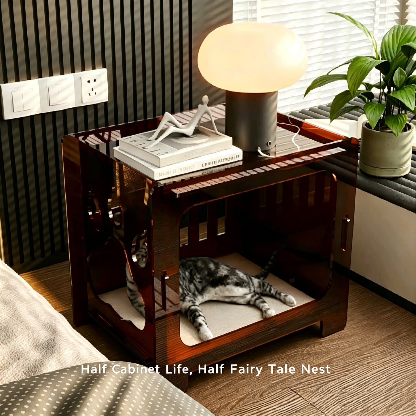 Acrylic Pet Bed Nightstand 2 in 1, 8mm Thick Transparent Cat House Side Table, Safe Stress-Relief Pet Crate Furniture for Small Dogs & Cats