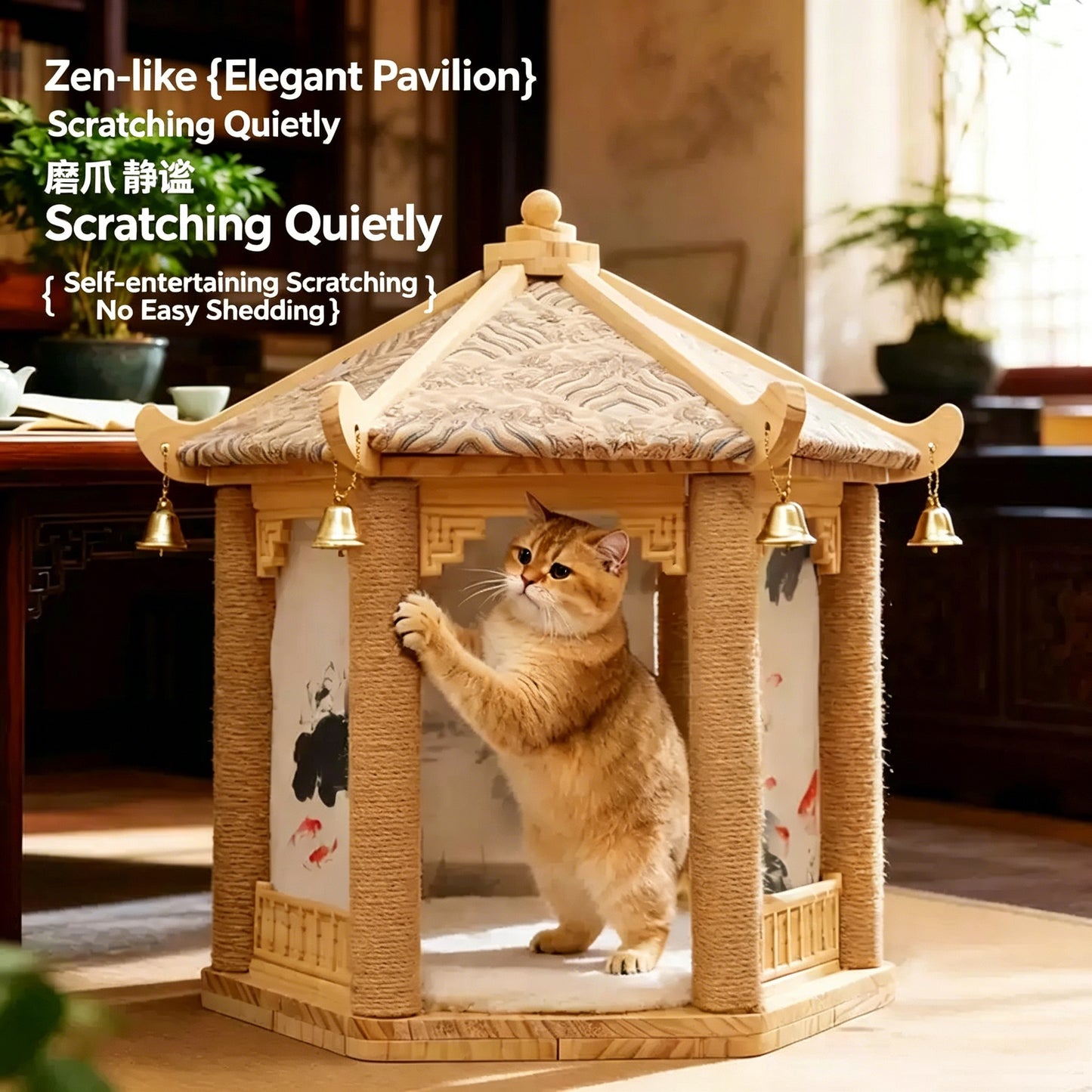 Chinese Style Hexagonal Pavilion Cat House, Solid Wood Cat Scratching Post Tower with Private Cave & Plush Cushion, Decorative Oriental Cat Furniture for Indoor Cats