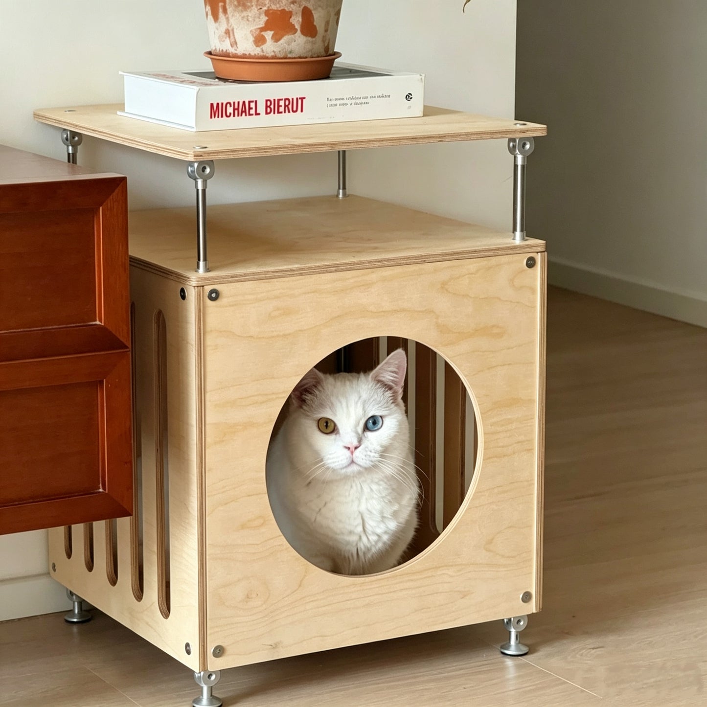 Modular DIY Birch Plywood Cat Cave Side Table, Adjustable Height Pet Hideaway End Table, Multi-Detachable Cat House Furniture for Cats & Small Dogs