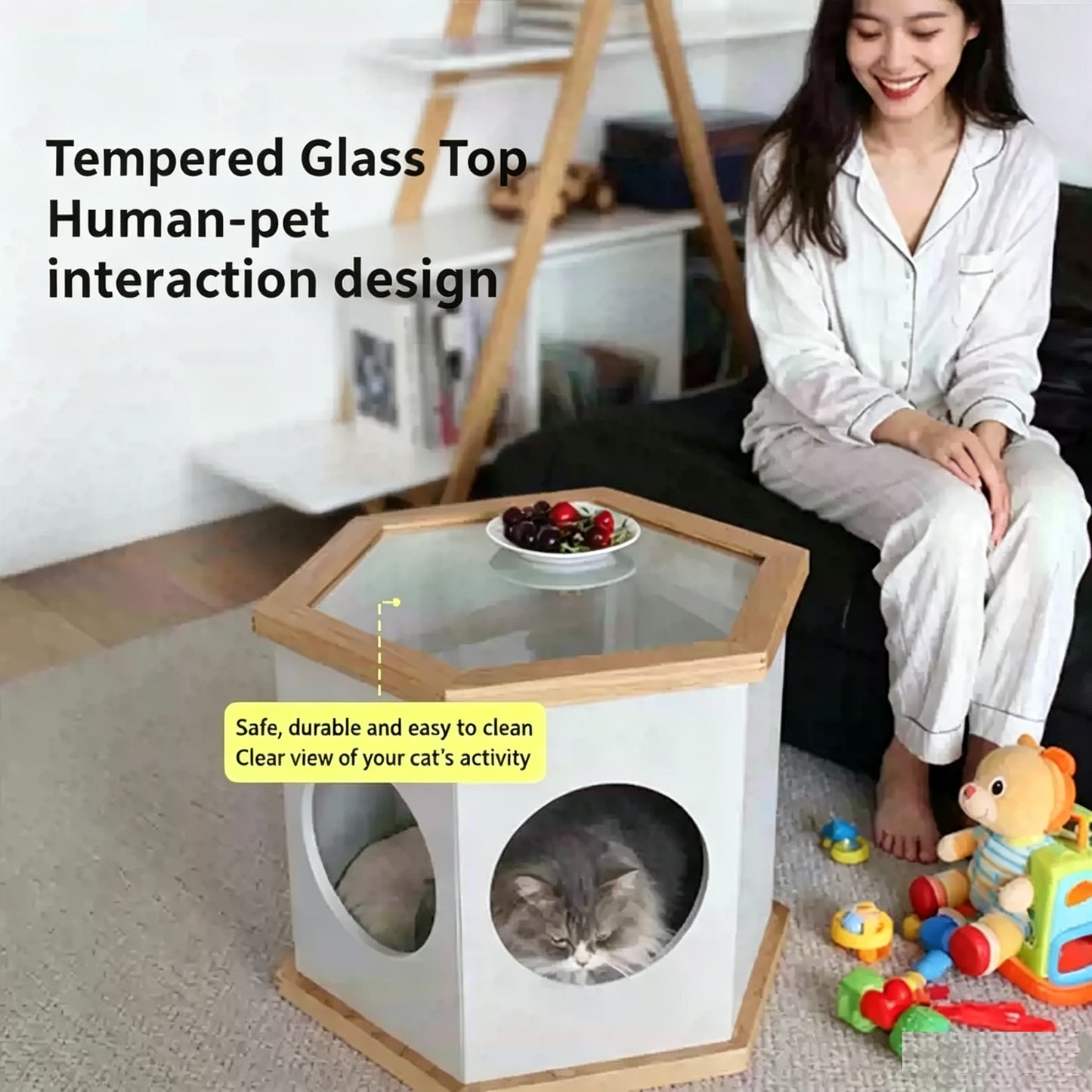 Hexagon Pet House Side Table, Multi-Functional Wooden Accent Table Stool for Small Cats & Dogs