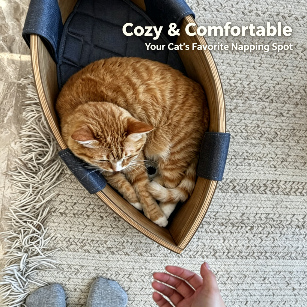 Minimalist Solid Wood Cat Bed with Soft Linen Cushions, Curved Open Indoor Cat Lounge Furniture for Large & Small Cats