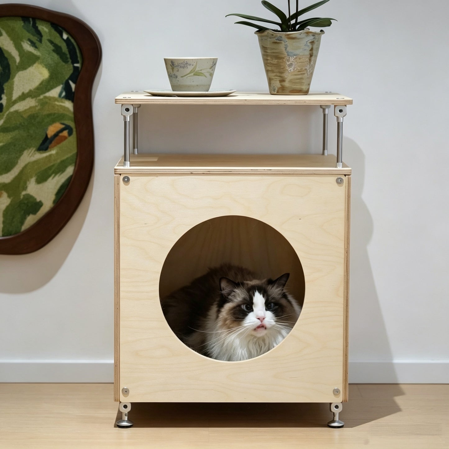Modular DIY Birch Plywood Cat Cave Side Table, Adjustable Height Pet Hideaway End Table, Multi-Detachable Cat House Furniture for Cats & Small Dogs
