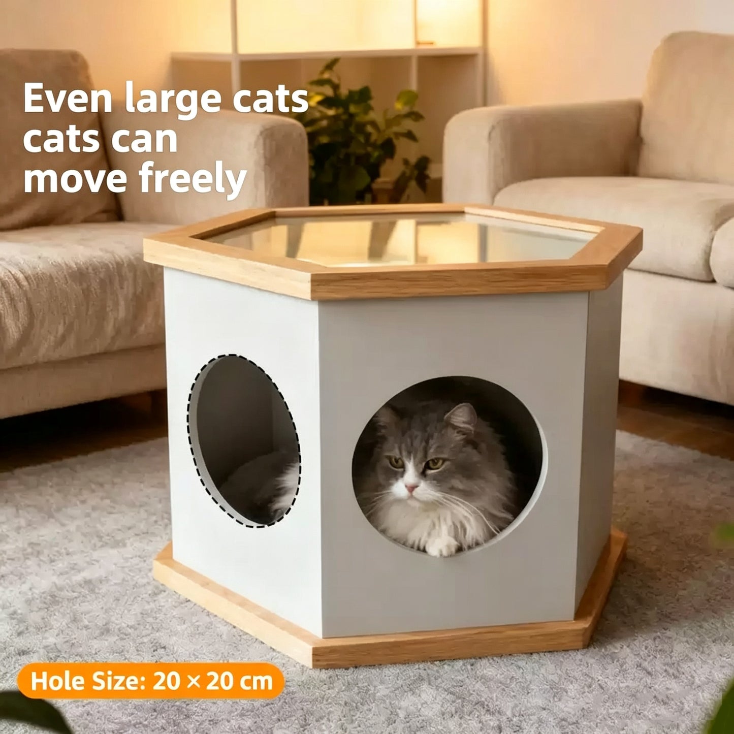 Hexagon Pet House Side Table, Multi-Functional Wooden Accent Table Stool for Small Cats & Dogs