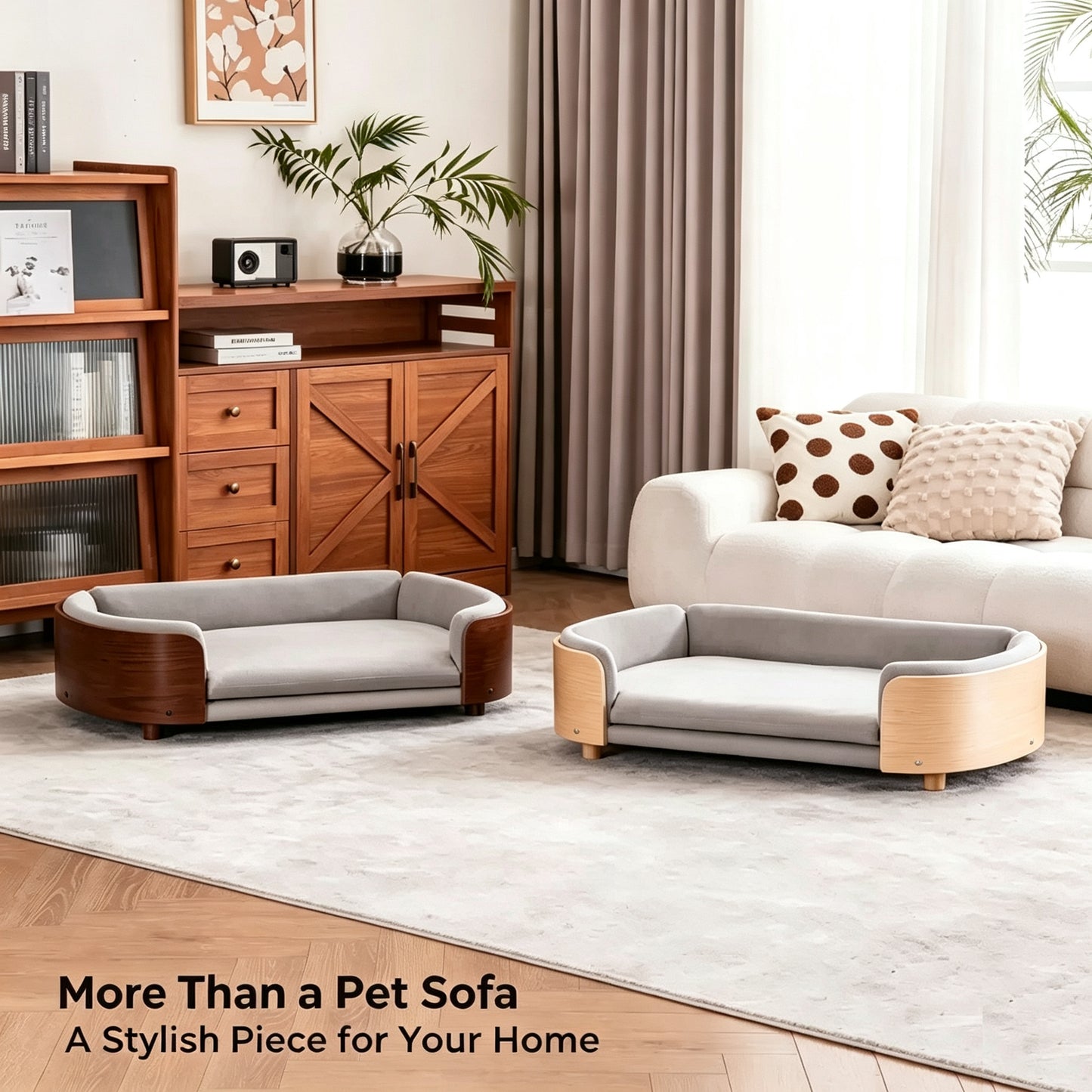 Curved Wooden Elevated Dog Sofa Bed, Removable Washable Cushion Pet Couch for Small Medium Large Dogs