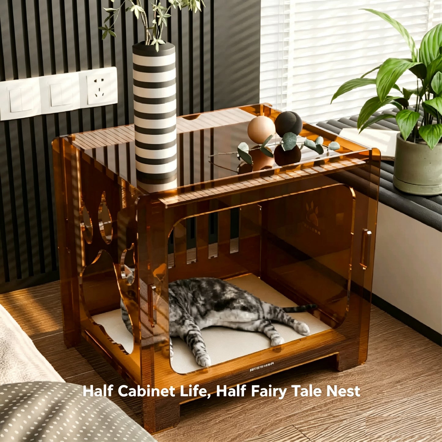 Acrylic Pet Bed Nightstand 2 in 1, 8mm Thick Transparent Cat House Side Table, Safe Stress-Relief Pet Crate Furniture for Small Dogs & Cats