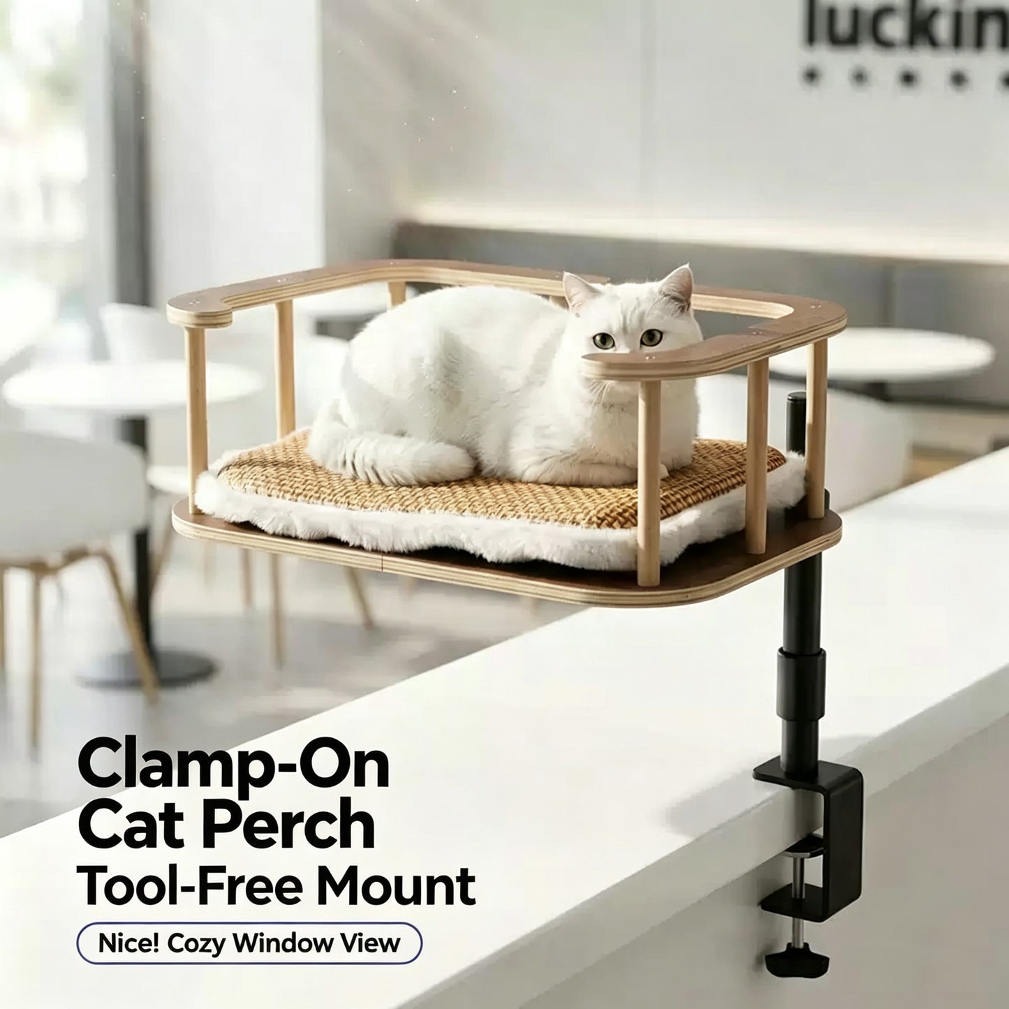 Clamp-On Elevated Oak Cat Perch, 2-Tier Table Side Cat Bed with Adjustable Metal Frame, No Drill Window Cat Platform for Indoor Cats