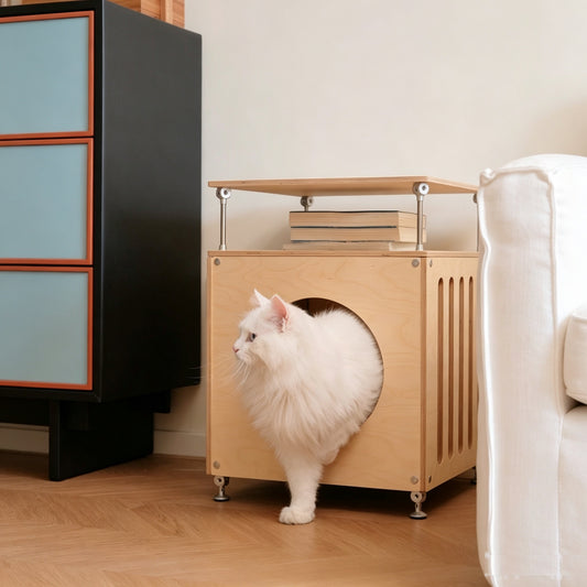 Modular DIY Birch Plywood Cat Cave Side Table, Adjustable Height Pet Hideaway End Table, Multi-Detachable Cat House Furniture for Cats & Small Dogs