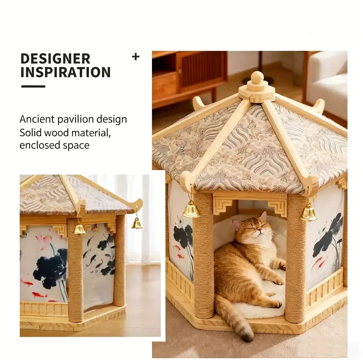 Chinese Style Hexagonal Pavilion Cat House, Solid Wood Cat Scratching Post Tower with Private Cave & Plush Cushion, Decorative Oriental Cat Furniture for Indoor Cats