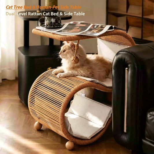 Dual-Use Handwoven PE Rattan Cat Tree Side Table | Human-Pet Shared End Table Cat Tunnel Hideaway Bed with Hanging Rope Toy, Double-Sided Summer Cooling Cushion, Large Space for Multiple Cats