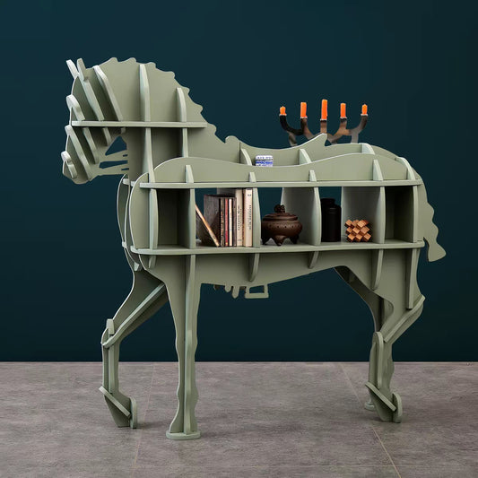 Interlocking Puzzle Birch & Red Oak Horse Sculpture Bookshelf, 3-Size Freely Assembled Multi-Cubby Art Storage Side Table, Formaldehyde-Free Wooden Decor Display Rack for Living Room Entryway