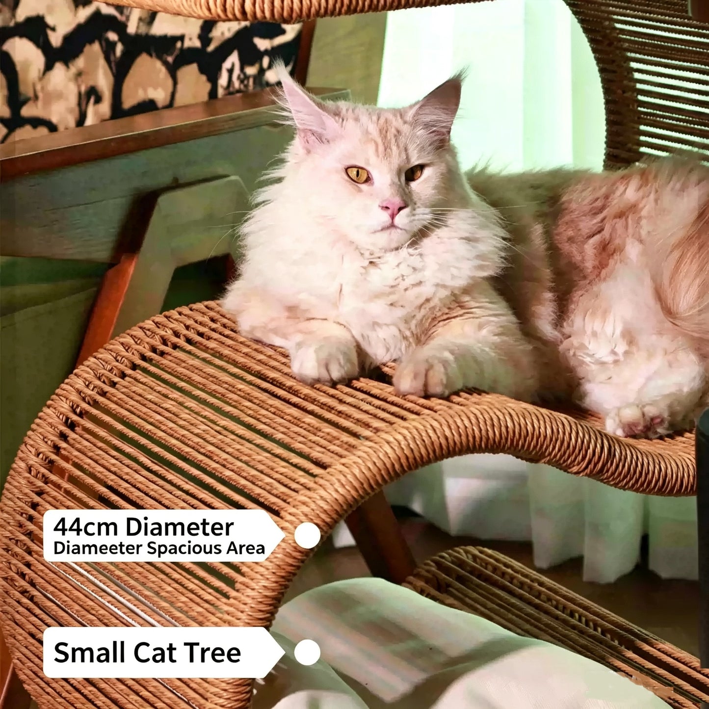 Dual-Use Handwoven PE Rattan Cat Tree Side Table | Human-Pet Shared End Table Cat Tunnel Hideaway Bed with Hanging Rope Toy, Double-Sided Summer Cooling Cushion, Large Space for Multiple Cats