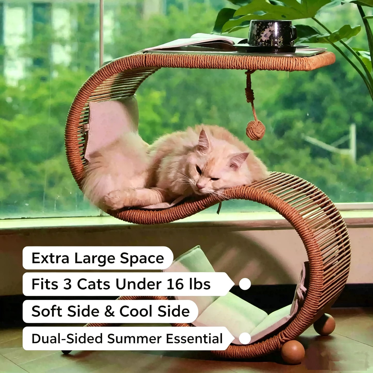Dual-Use Handwoven PE Rattan Cat Tree Side Table | Human-Pet Shared End Table Cat Tunnel Hideaway Bed with Hanging Rope Toy, Double-Sided Summer Cooling Cushion, Large Space for Multiple Cats