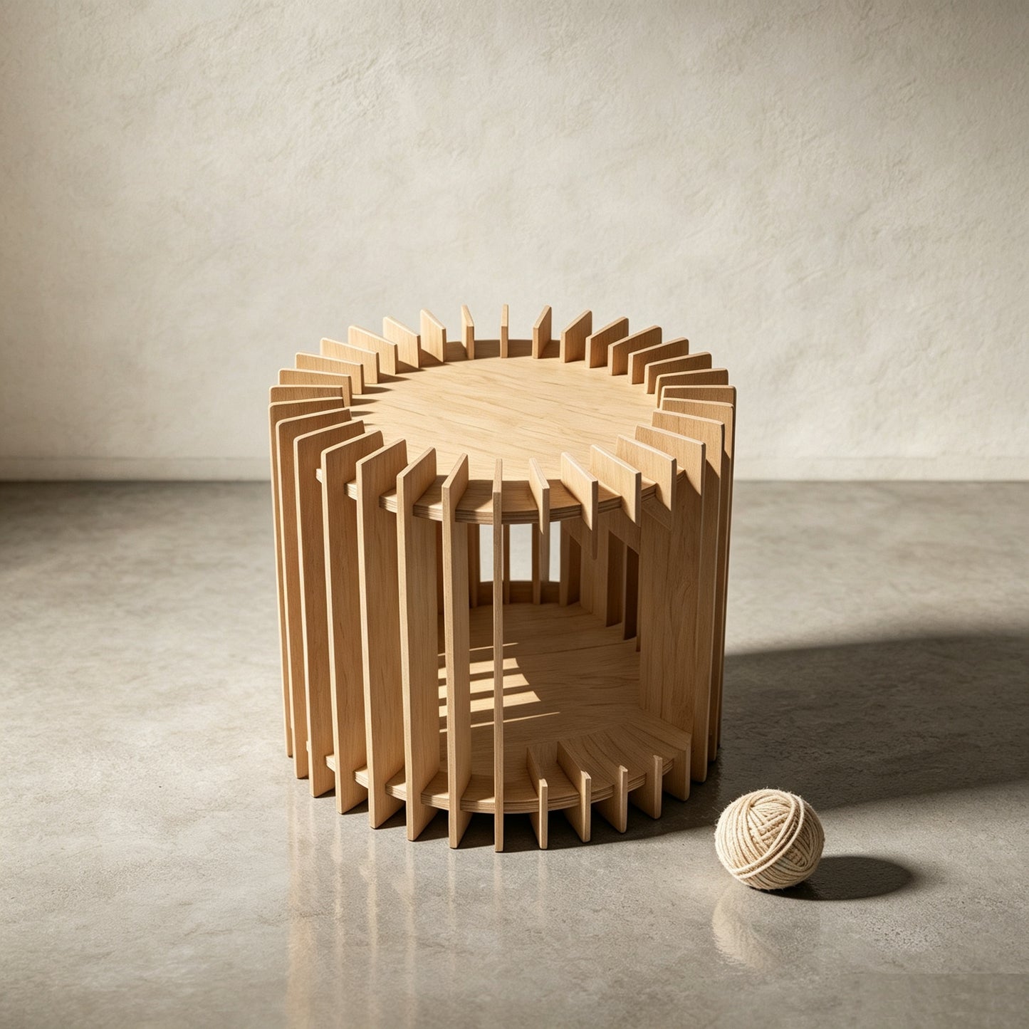 Interlocking Modular Birch Marine Plywood Cat Side Table, Customizable Round 2-Tier Human-Pet Accent End Table, Semi-Open Cat Cave with Tenon & Mortise Spliced Structure