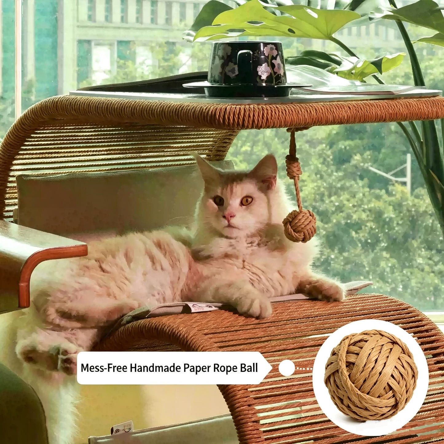 Dual-Use Handwoven PE Rattan Cat Tree Side Table | Human-Pet Shared End Table Cat Tunnel Hideaway Bed with Hanging Rope Toy, Double-Sided Summer Cooling Cushion, Large Space for Multiple Cats