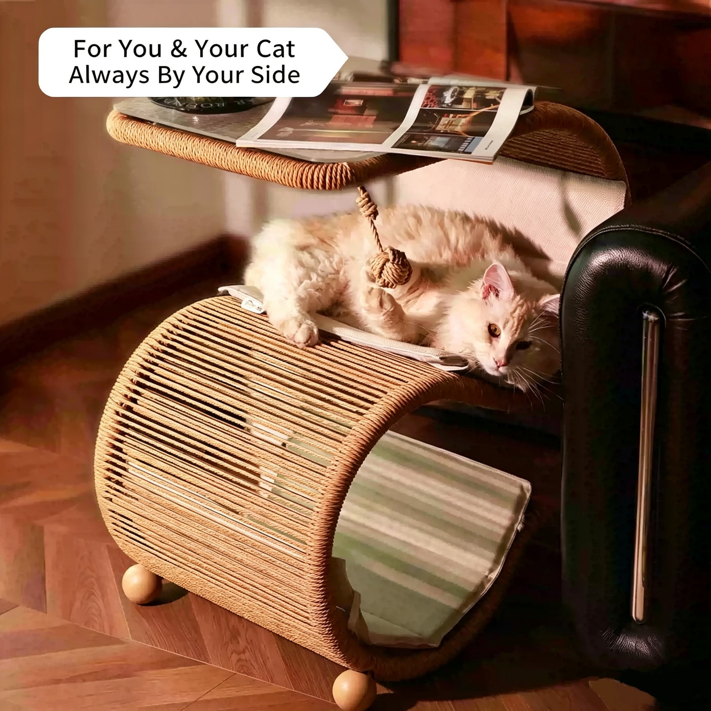 Dual-Use Handwoven PE Rattan Cat Tree Side Table | Human-Pet Shared End Table Cat Tunnel Hideaway Bed with Hanging Rope Toy, Double-Sided Summer Cooling Cushion, Large Space for Multiple Cats